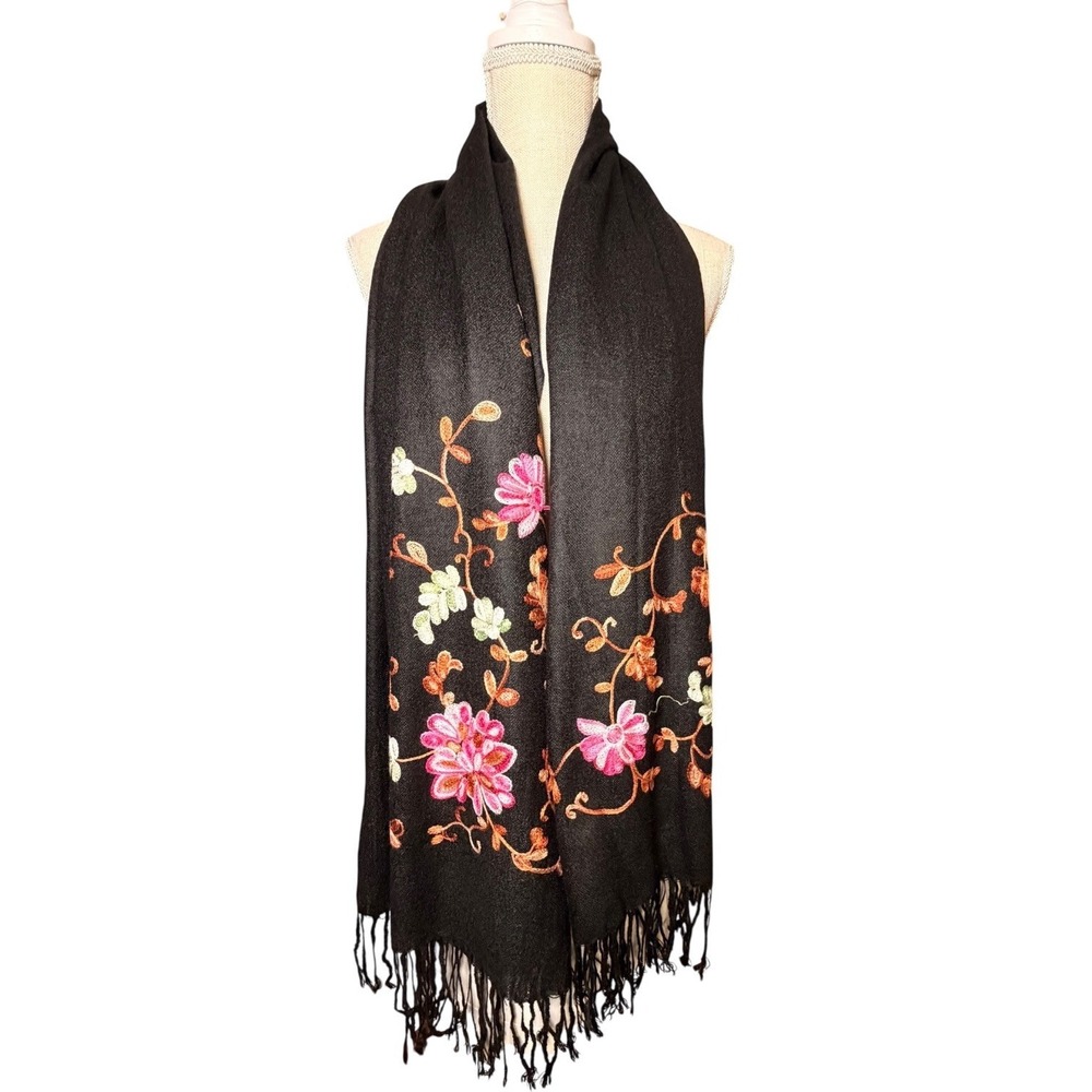 Long Black Embroidered Floral Fringe Wrap‎ Shawl Scarf Unbranded Boho Oversized